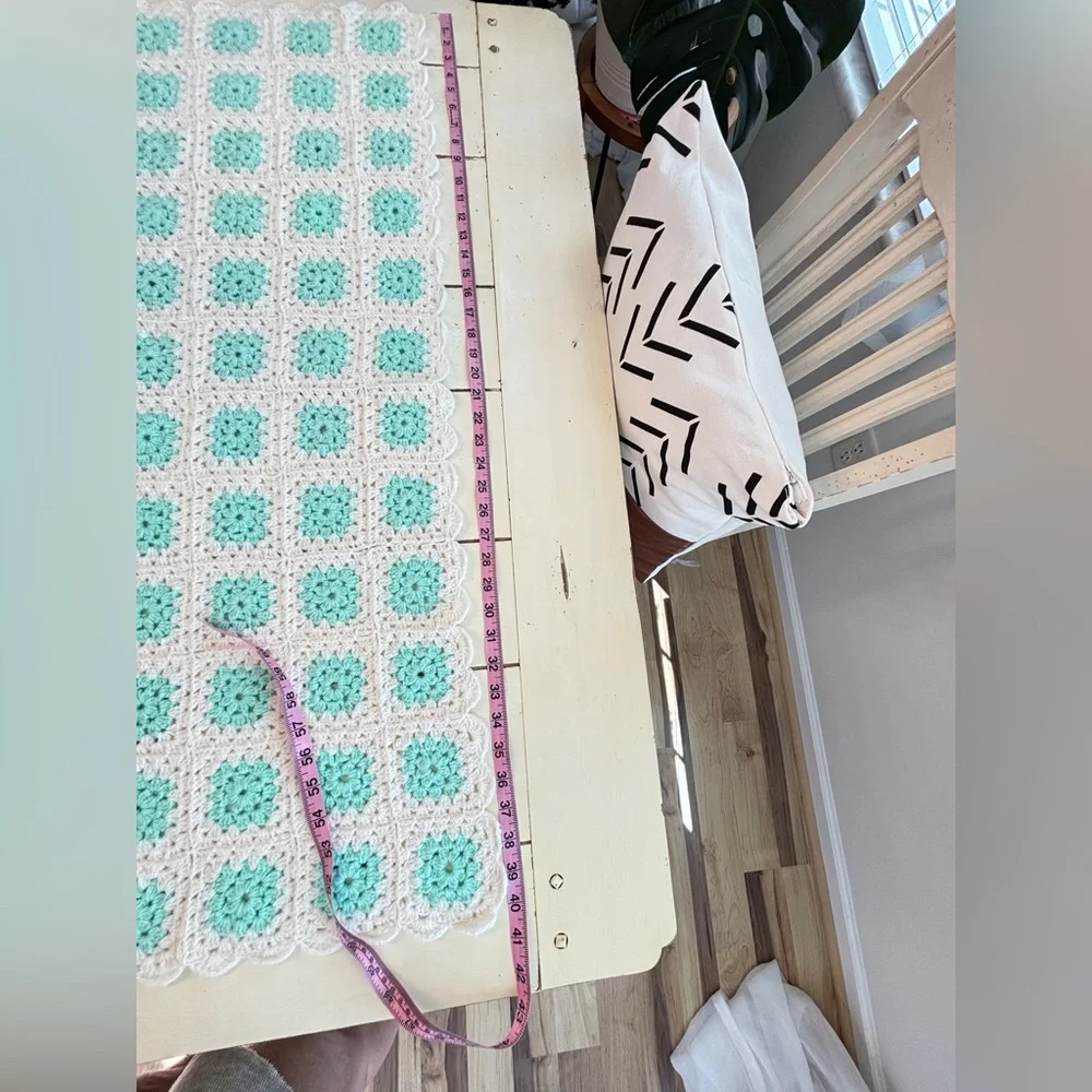 Granny Square Crochet Blanket Afghan White Blue/Green 32X40.5in Handmade